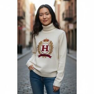 TOMMY HILFIGER CREAM TURTLENECK VINTAGE EMBROIDERED CREST PREPPY SWEATER SZ S-M